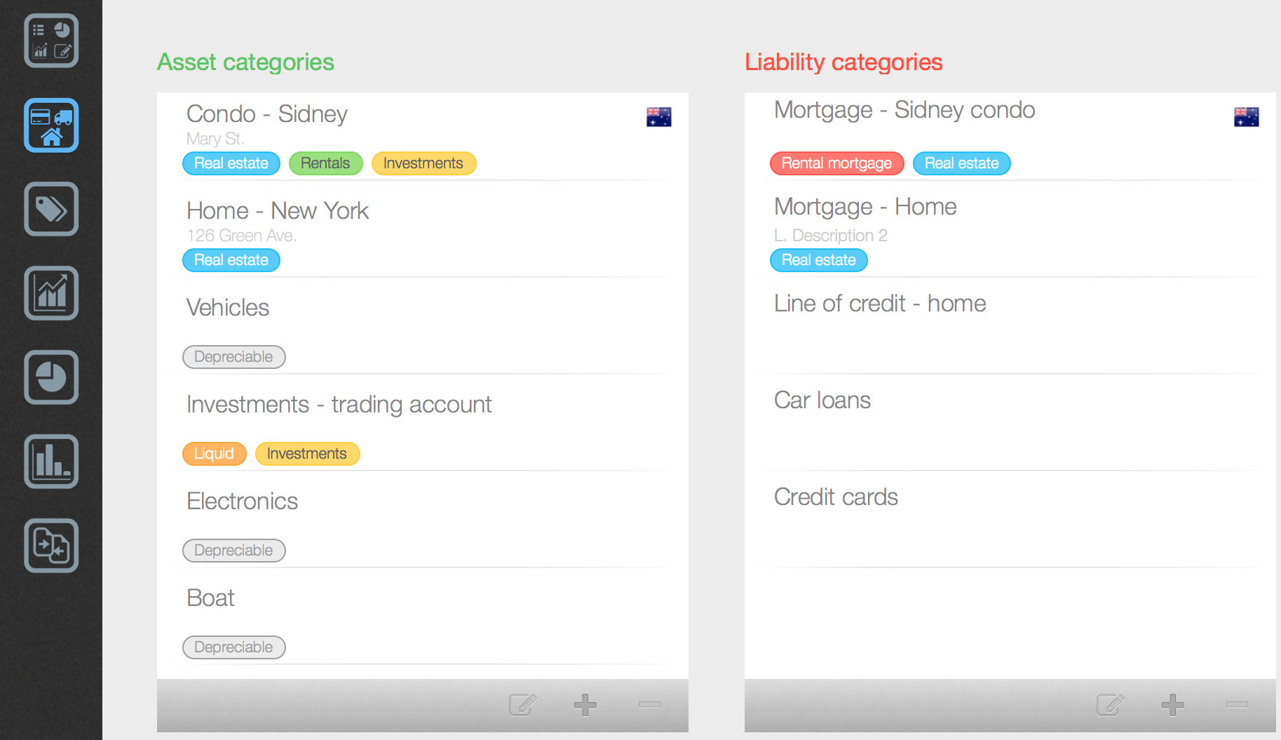 net worth pro asset and liebility categories
